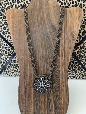 Y2K Gunmetal Filigree Crystal Rhinestone Medallion Necklace - Double Chain